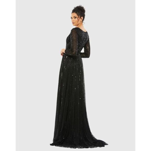 Mac Duggal NWT Sequined V-Neck Illusion Sleeve A-Line Gown in Black Size 10 - Picture 2 of 7